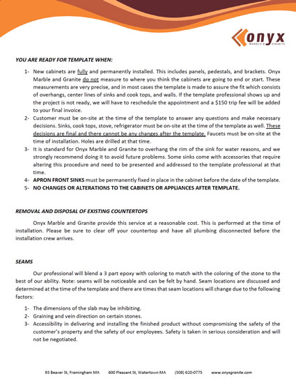 First page of Onyx Marble & Granite's Template form